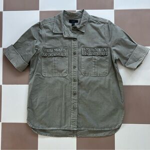 J.Crew Military Green Cotton Ruffle Pocket Button Up Shirt Size 4 Tall